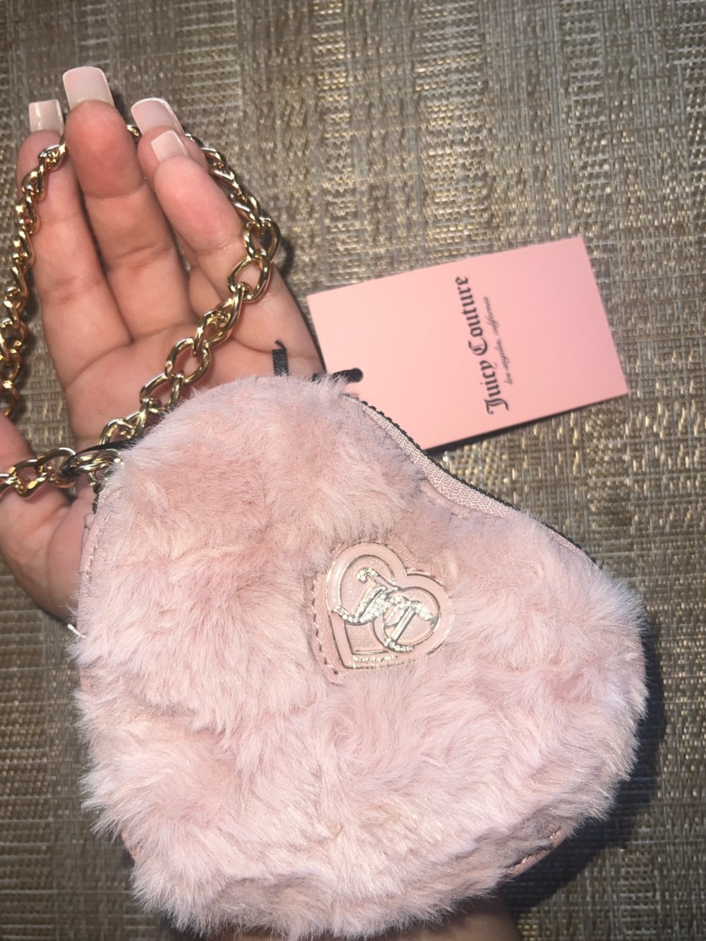 Juicy Couture Blush Pink Faux Fur Heart Key chain & wallet Wristlet 💖